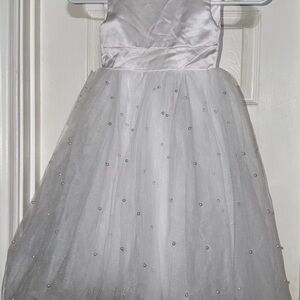 Girl’s White Satin & Tulle Easter Flower Girl Dress with Beaded Accents, Size 8